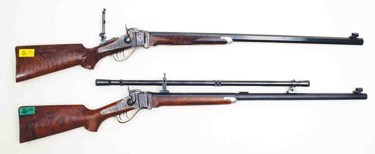 These Shiloh Model 1874 Sharps are two of Mike’s favorite BPCR Silhouette rifles. The .40-65 (top) and the .45-70 (bottom) both have metallic sights by Montana Vintage Arms, as is the 6x scope on the bottom rifle.